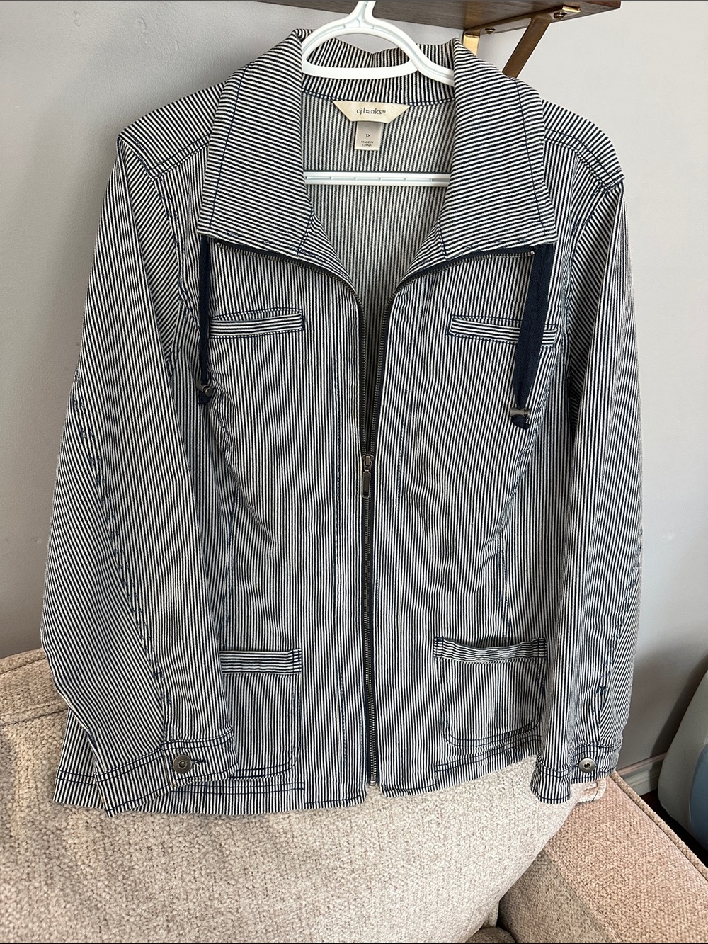 CJ Banks Navy & White Pinstripe Utility Zip Jacket